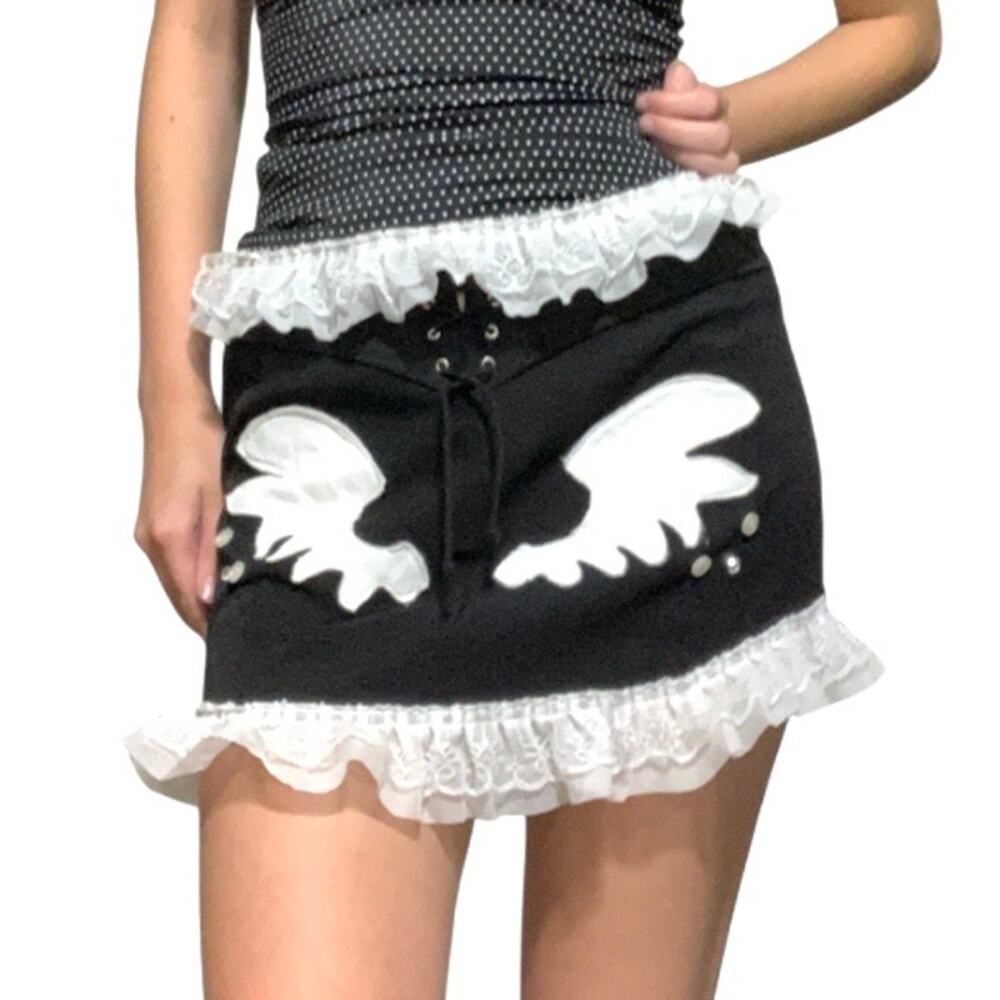 Custom Upcycled Black Lace-Up Mini Skirt – Size Medium